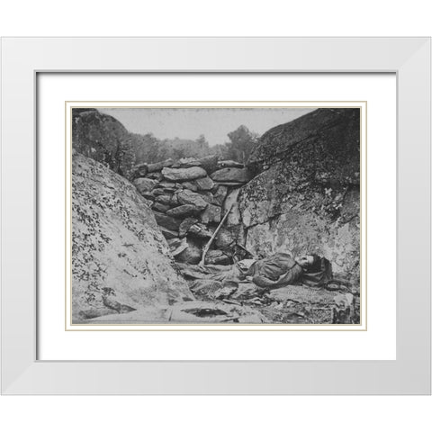 Rocks could not save him at the Battle of Gettysburg White Modern Wood Framed Art Print with Double Matting by OSullivan, Timothy H