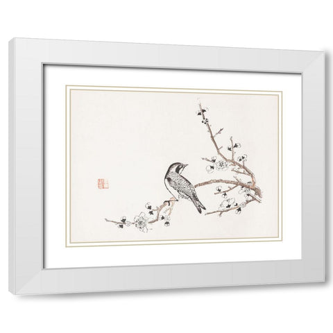 Page from Shi Zhu Zhai Bird on Branch White Modern Wood Framed Art Print with Double Matting by Zhengyan, Hu