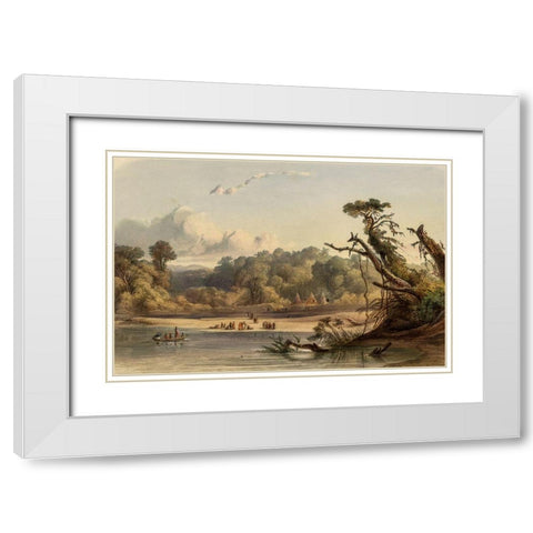 Punca Indians encamped on the banks of the Missouri White Modern Wood Framed Art Print with Double Matting by Bodmer, Karl