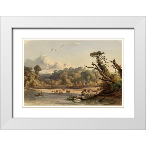 Punca Indians encamped on the banks of the Missouri White Modern Wood Framed Art Print with Double Matting by Bodmer, Karl