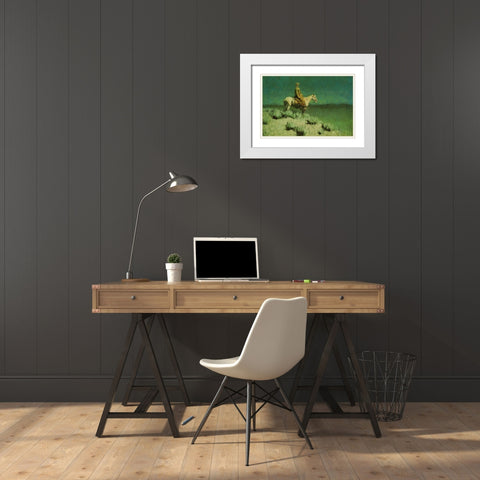 The Night Herder White Modern Wood Framed Art Print with Double Matting by Remington, Frederic