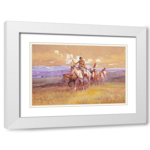 Indian Party White Modern Wood Framed Art Print with Double Matting by Russell, Charles Marion