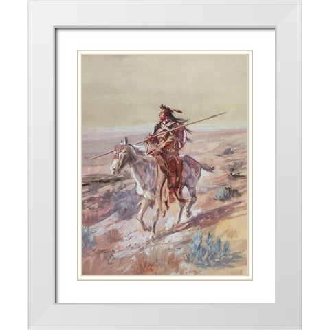 Indian with Spear White Modern Wood Framed Art Print with Double Matting by Russell, Charles Marion
