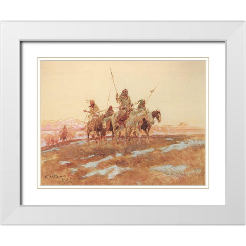Piegan Hunting Party White Modern Wood Framed Art Print with Double Matting by Russell, Charles Marion