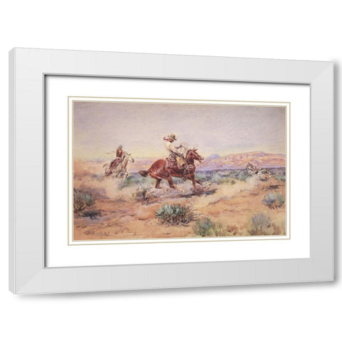 Roping a Wolf by the neck White Modern Wood Framed Art Print with Double Matting by Russell, Charles Marion