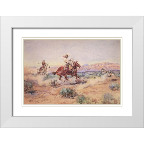 Roping a Wolf by the neck White Modern Wood Framed Art Print with Double Matting by Russell, Charles Marion