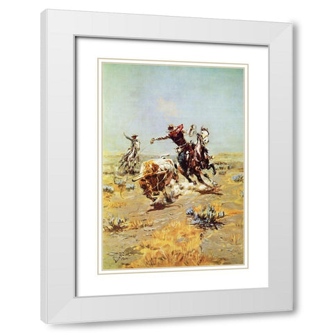 Cowboy Roping a Steer White Modern Wood Framed Art Print with Double Matting by Russell, Charles Marion
