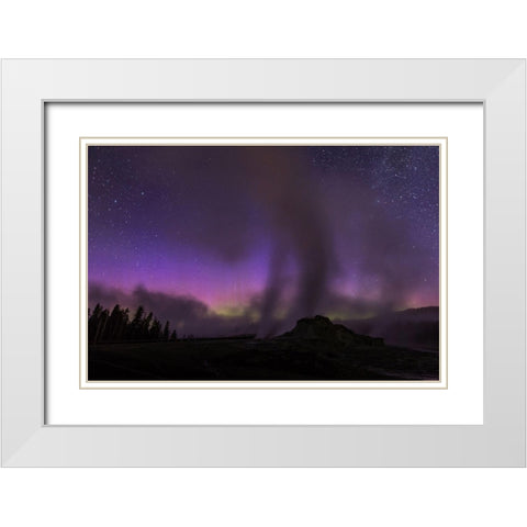 Aurora borealis I, Upper Geyser Basin, Yellowstone National Park White Modern Wood Framed Art Print with Double Matting by The Yellowstone Collection