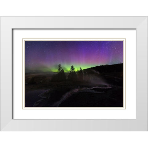 Aurora borealis II, Upper Geyser Basin, Yellowstone National Park White Modern Wood Framed Art Print with Double Matting by The Yellowstone Collection