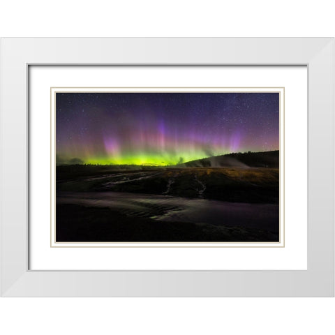 Aurora borealis III, Upper Geyser Basin, Yellowstone National Park White Modern Wood Framed Art Print with Double Matting by The Yellowstone Collection