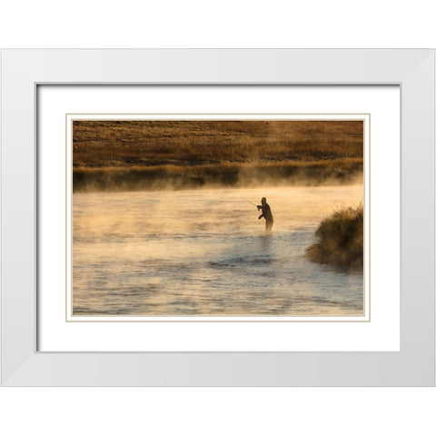 Fall Fishing on the Madison River at Sunrise, Yellowstone National Park White Modern Wood Framed Art Print with Double Matting by Frank, Jacob W.