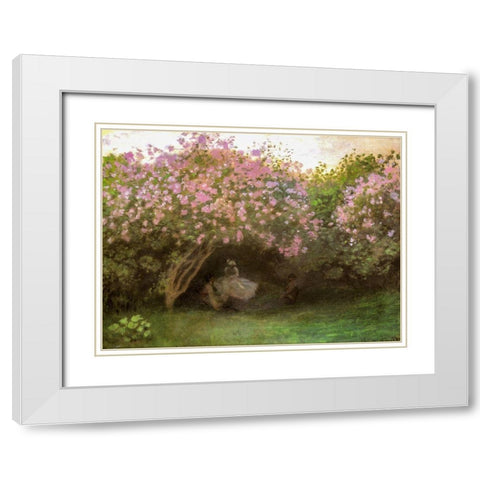 Beneath the Lilacs 1872 White Modern Wood Framed Art Print with Double Matting by Monet, Claude