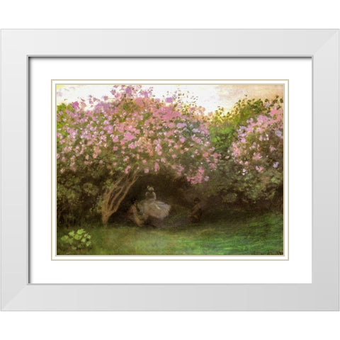 Beneath the Lilacs 1872 White Modern Wood Framed Art Print with Double Matting by Monet, Claude