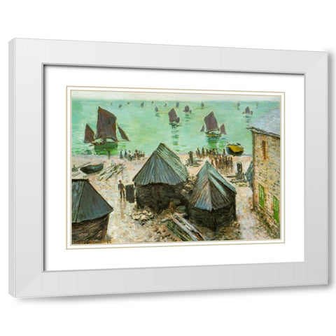 Departure of boats-Etretat 1883 White Modern Wood Framed Art Print with Double Matting by Monet, Claude