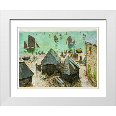 Departure of boats-Etretat 1883 White Modern Wood Framed Art Print with Double Matting by Monet, Claude