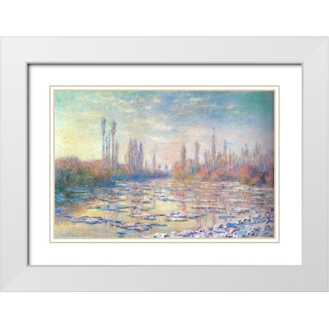 Floating ice on Seine 1880 White Modern Wood Framed Art Print with Double Matting by Monet, Claude