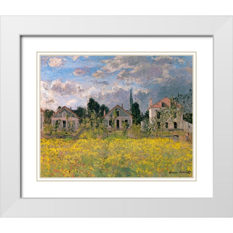 Houses at Edge of Field 1873 White Modern Wood Framed Art Print with Double Matting by Monet, Claude
