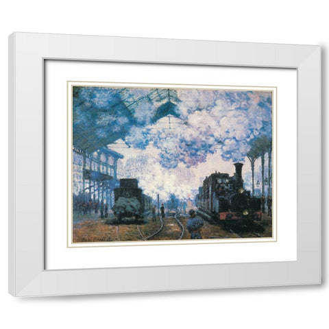 La Gare St. Lazare trains 1877 White Modern Wood Framed Art Print with Double Matting by Monet, Claude