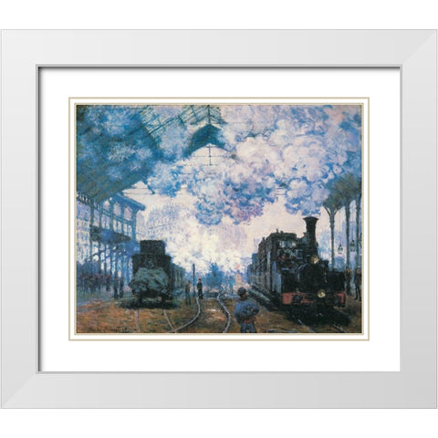 La Gare St. Lazare trains 1877 White Modern Wood Framed Art Print with Double Matting by Monet, Claude