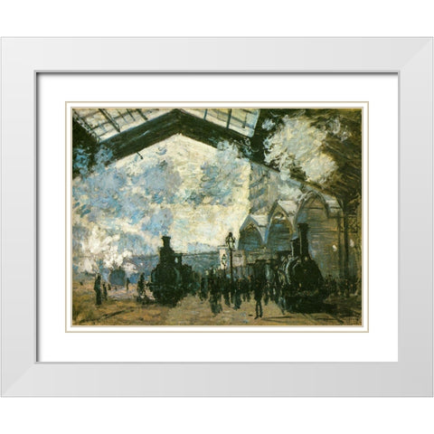 La Gare St-Lazare 1877 White Modern Wood Framed Art Print with Double Matting by Monet, Claude