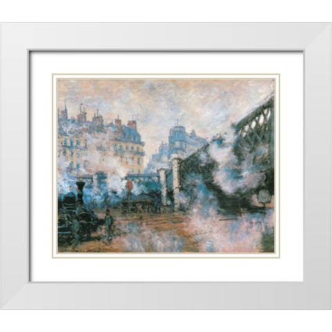 La Gare St-Lazare-Pont de LEurope 1877 White Modern Wood Framed Art Print with Double Matting by Monet, Claude