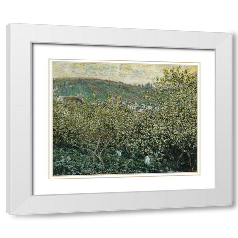 Landscape with Orchard and Figures 1879 White Modern Wood Framed Art Print with Double Matting by Monet, Claude