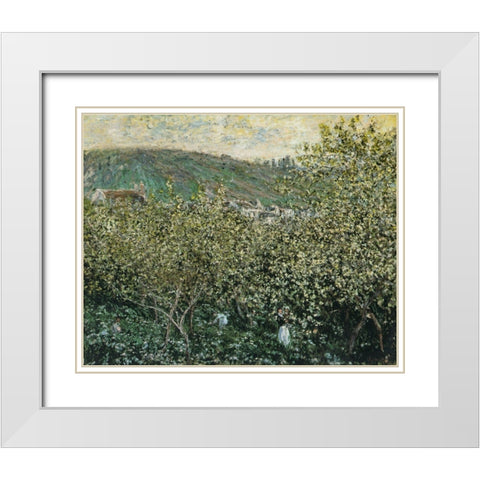 Landscape with Orchard and Figures 1879 White Modern Wood Framed Art Print with Double Matting by Monet, Claude