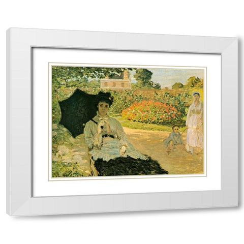Monets Family in Garden 1873 White Modern Wood Framed Art Print with Double Matting by Monet, Claude