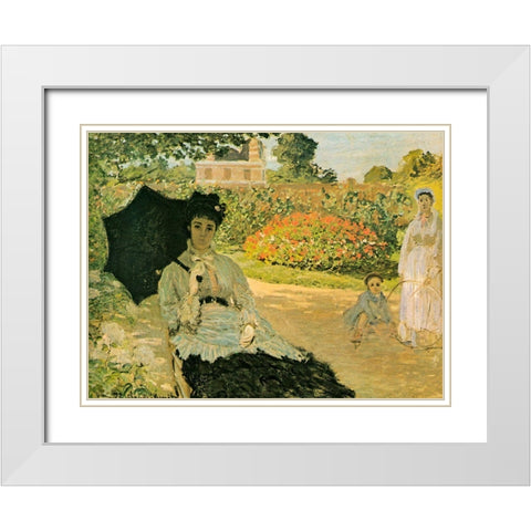 Monets Family in Garden 1873 White Modern Wood Framed Art Print with Double Matting by Monet, Claude