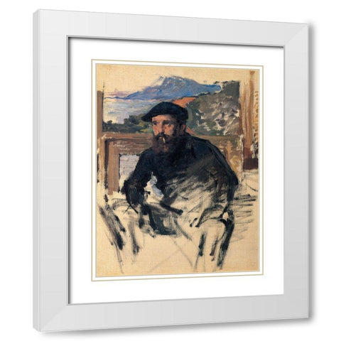 Portrait of the artist in studio 1884 White Modern Wood Framed Art Print with Double Matting by Monet, Claude