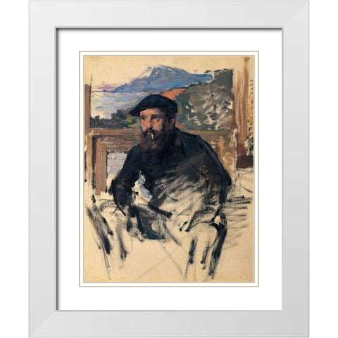 Portrait of the artist in studio 1884 White Modern Wood Framed Art Print with Double Matting by Monet, Claude