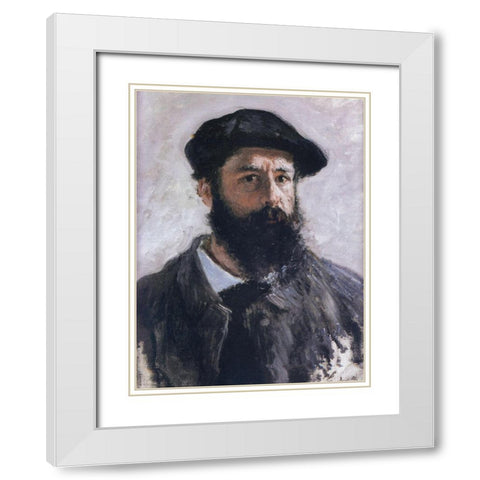 Self-portrait in beret 1886 White Modern Wood Framed Art Print with Double Matting by Monet, Claude