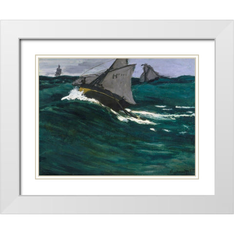 The Green Wave 1867 White Modern Wood Framed Art Print with Double Matting by Monet, Claude