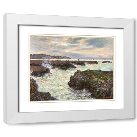 The Rocks at Pourvillle 1882 White Modern Wood Framed Art Print with Double Matting by Monet, Claude