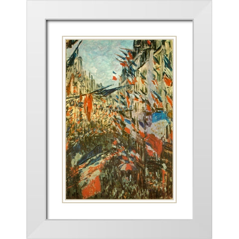 The Rue Montorgeuil with flags 1878 White Modern Wood Framed Art Print with Double Matting by Monet, Claude