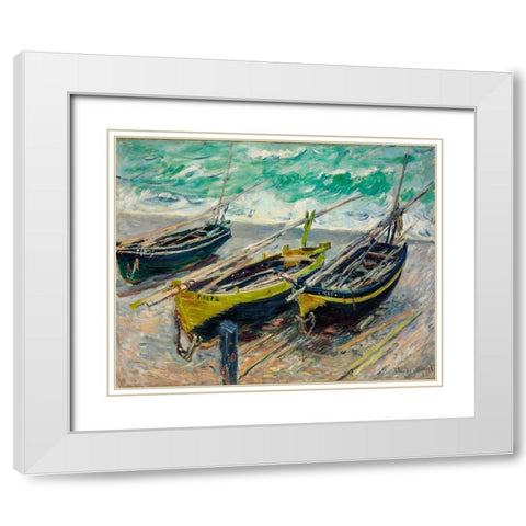 Three Fishing Boats 1886 White Modern Wood Framed Art Print with Double Matting by Monet, Claude