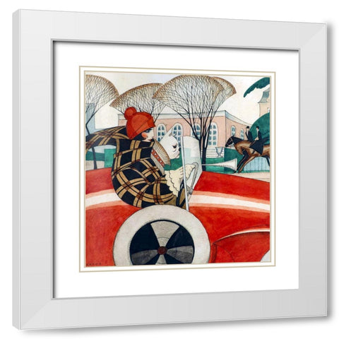 Girl and pug in an Automobile White Modern Wood Framed Art Print with Double Matting by Wegener, Gerda