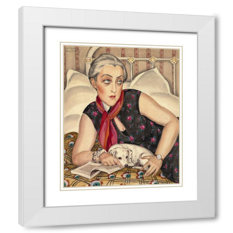 Portrait of reading woman with dog White Modern Wood Framed Art Print with Double Matting by Wegener, Gerda