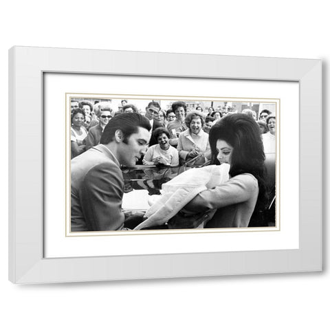 Elvis Presley and Priscilla with Lisa Marie-1968 White Modern Wood Framed Art Print with Double Matting by Vintage Music Archive