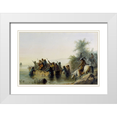 Bull Boating White Modern Wood Framed Art Print with Double Matting by Miller, Alfred Jacob