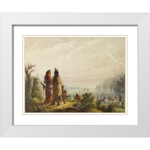 Indians Threatining to Attack Fur Boats White Modern Wood Framed Art Print with Double Matting by Miller, Alfred Jacob