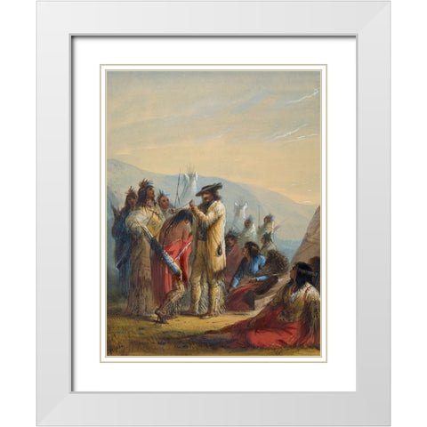 Presents to Indians White Modern Wood Framed Art Print with Double Matting by Miller, Alfred Jacob