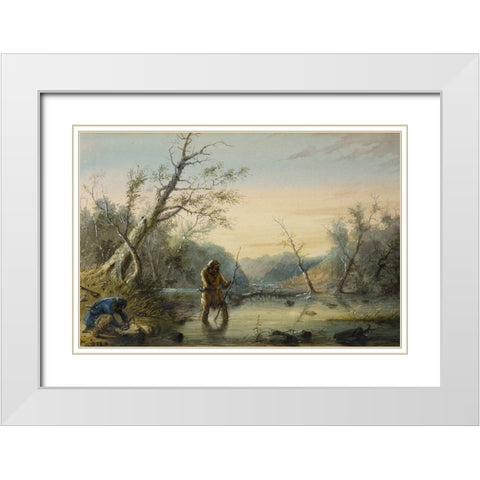 Trapping Beaver White Modern Wood Framed Art Print with Double Matting by Miller, Alfred Jacob