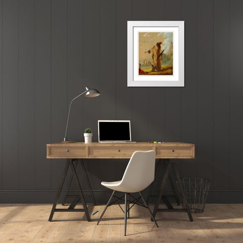 A Shoshonee Indian Smoking White Modern Wood Framed Art Print with Double Matting by Miller, Alfred Jacob