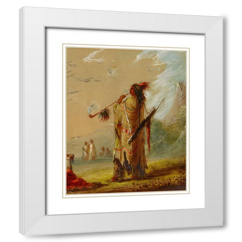 A Shoshonee Indian Smoking White Modern Wood Framed Art Print with Double Matting by Miller, Alfred Jacob