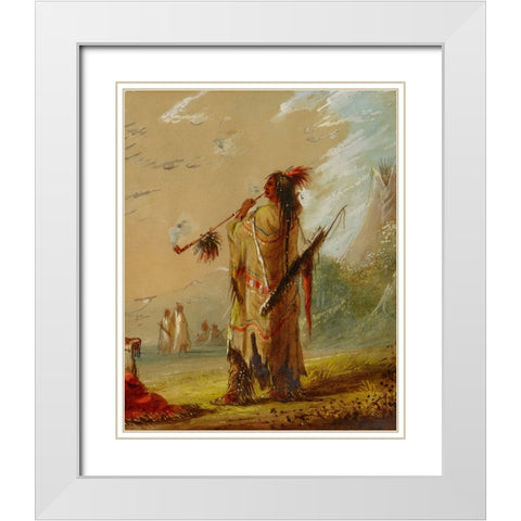 A Shoshonee Indian Smoking White Modern Wood Framed Art Print with Double Matting by Miller, Alfred Jacob