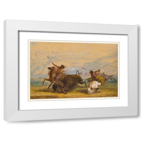 Crow Indians attacking a buffalo with the lance White Modern Wood Framed Art Print with Double Matting by Miller, Alfred Jacob