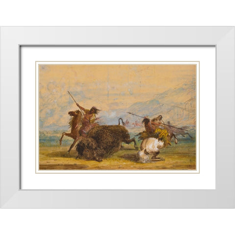 Crow Indians attacking a buffalo with the lance White Modern Wood Framed Art Print with Double Matting by Miller, Alfred Jacob
