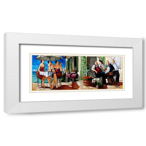 Terrace Lunch White Modern Wood Framed Art Print with Double Matting by West, Ronald