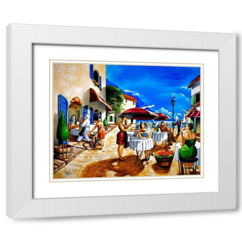 Lunch at the Harbor White Modern Wood Framed Art Print with Double Matting by West, Ronald